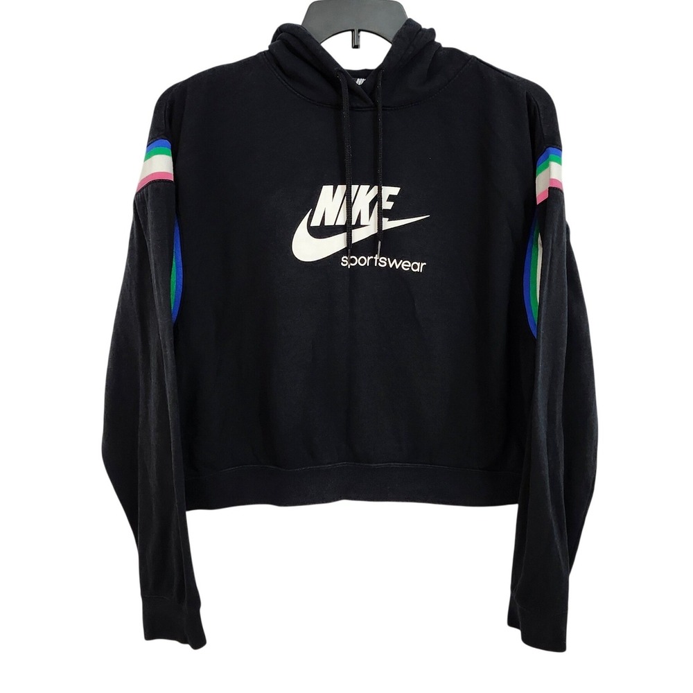 Nike Sportswear Heritage Boxy Cropped Pullover Hoodie Womens Large‎ Black Stripe